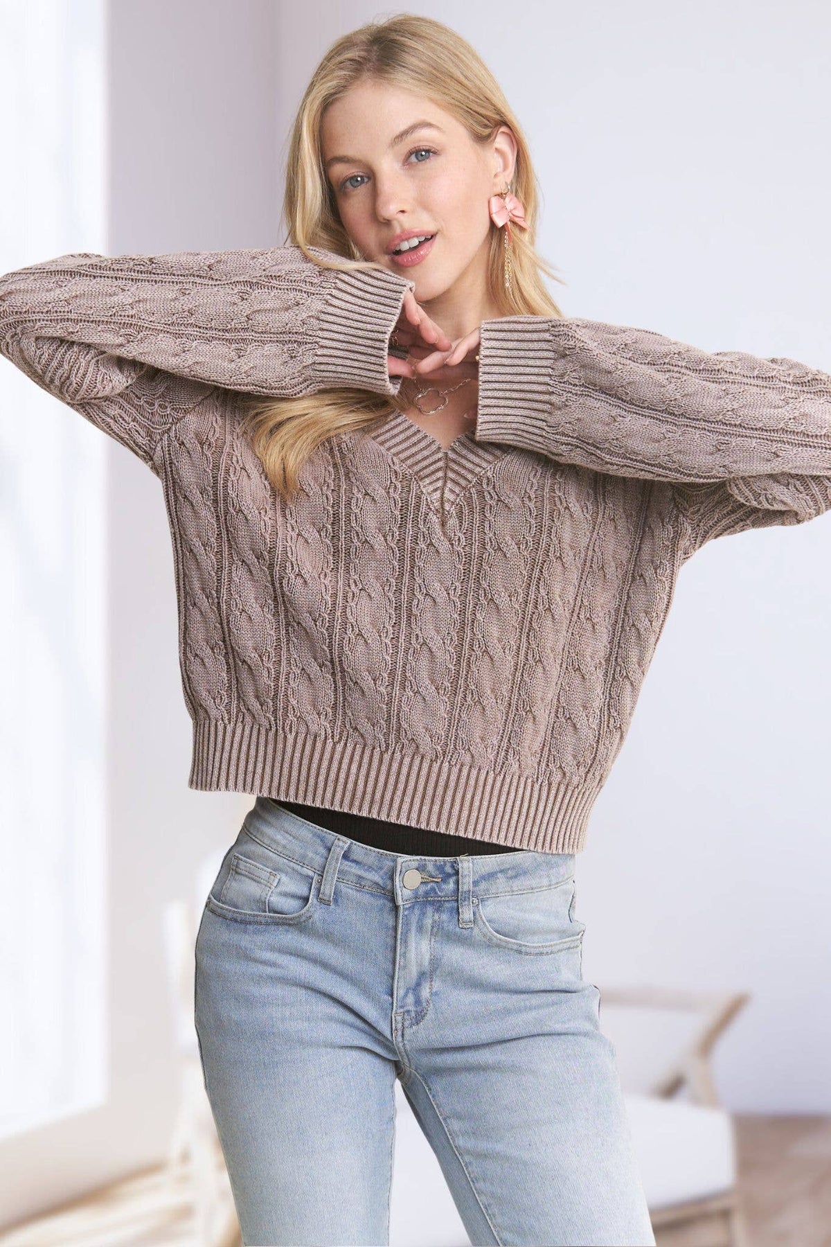 The Emery Mineral Wash Cable Knit Sweater – Mocha Taupe