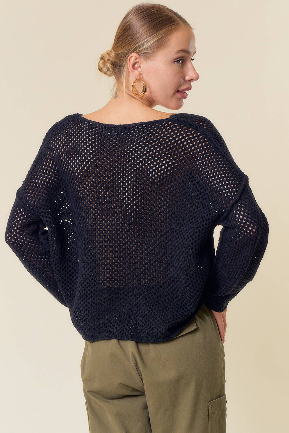 Ivy V-Neck Long Sleeve Fishnet Sweater Knit Top