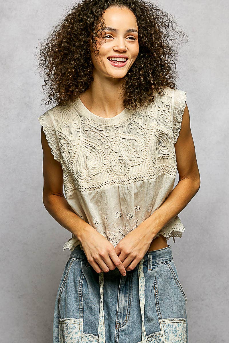 Willow Mae Boho Crochet Sleeveless Top with Embroidered Eyelet Hem: Natural