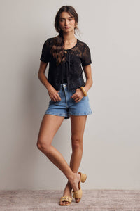 The Rosalie Floral Lace Top: Black – Scoop Neck Tie Front Feminine Blouse
