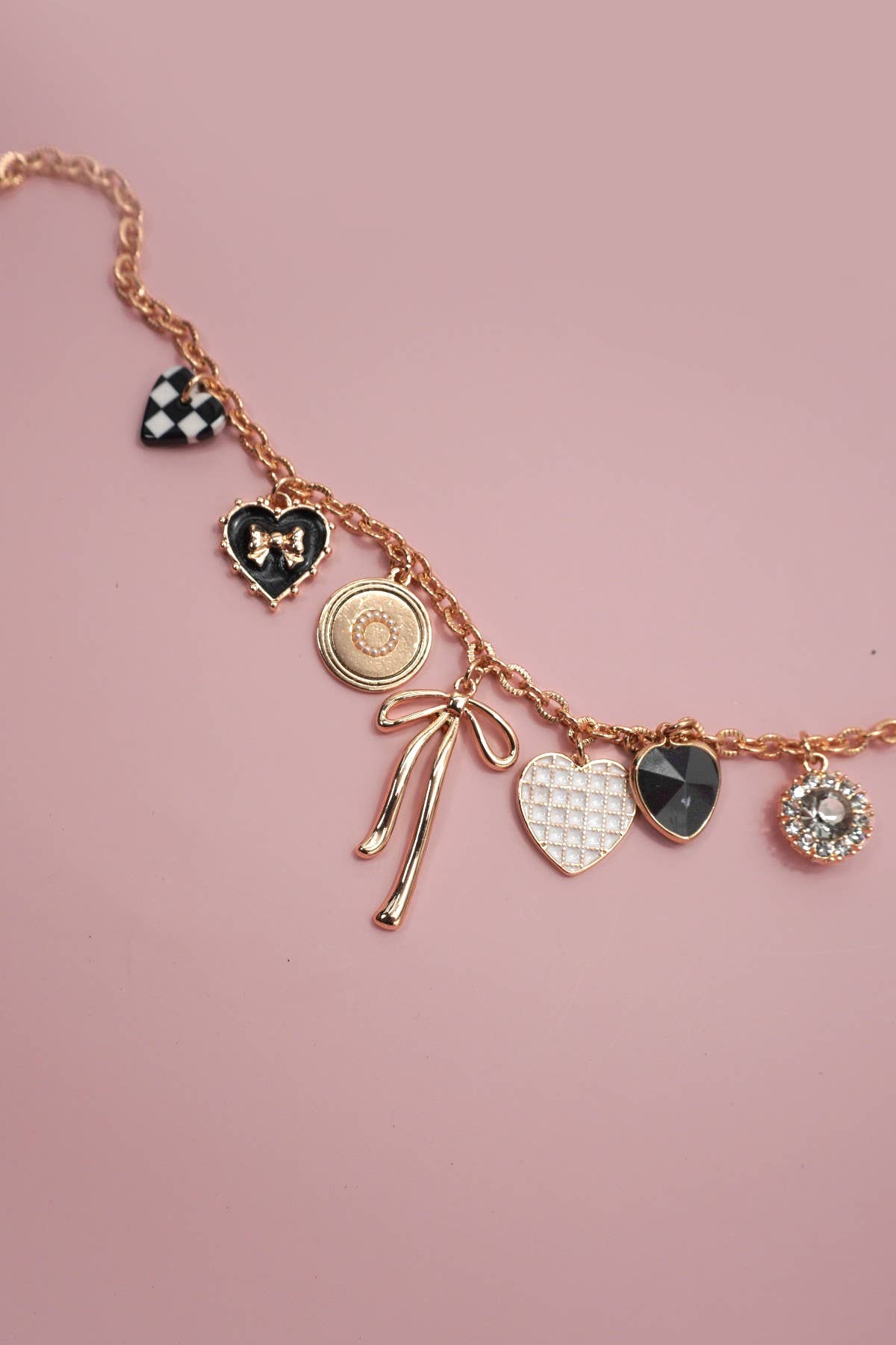 Colette Charm Necklace – Gold Chain with Bow, Checker Heart & Rhinestone Charms
