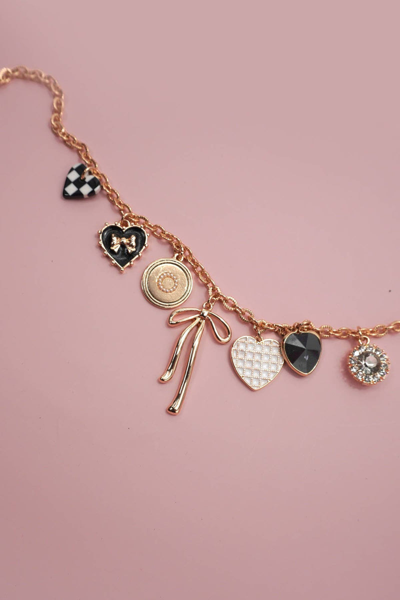 Colette Charm Necklace – Gold Chain with Bow, Checker Heart & Rhinestone Charms