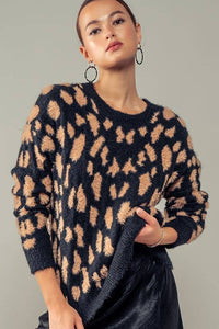 Cora Fuzzy Animal Print Crew Sweater: Black