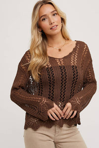 The Elowen Scalloped Hem Open Knit Pullover – Chocolate Brown Long Sleeve Sweater Top