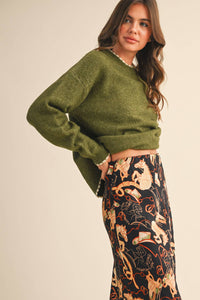 The Bria Scalloped Edge Sweater – Women’s Contrast Trim Knit Pullover, Heathered Drop Shoulder Sweater Top