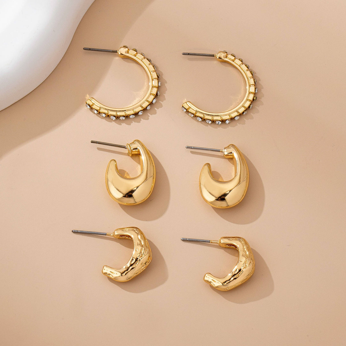 Gold Huggie & Dome Hoop Earring Trio – Rhinestone Half Band Layered Set