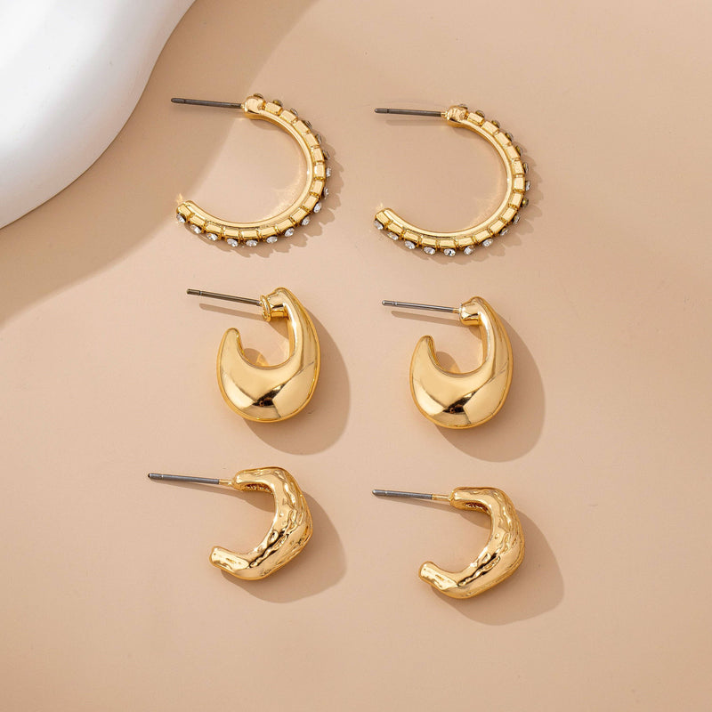 Gold Huggie & Dome Hoop Earring Trio – Rhinestone Half Band Layered Set