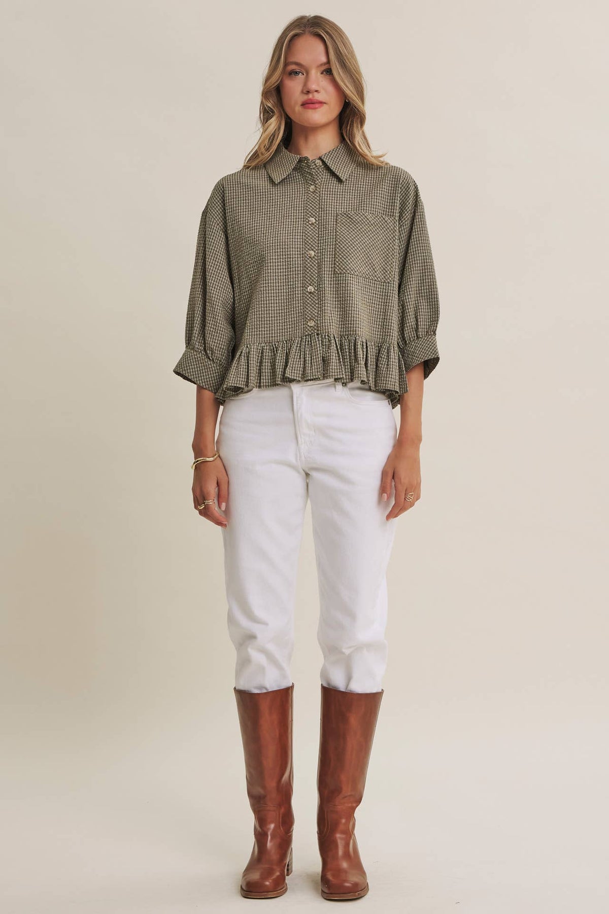 MORNING OAT MICRO CHECK RUFFLE HEM BUTTON-DOWN SHIRT: VANILLA / S