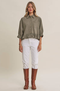 MORNING OAT MICRO CHECK RUFFLE HEM BUTTON-DOWN SHIRT: VANILLA / S