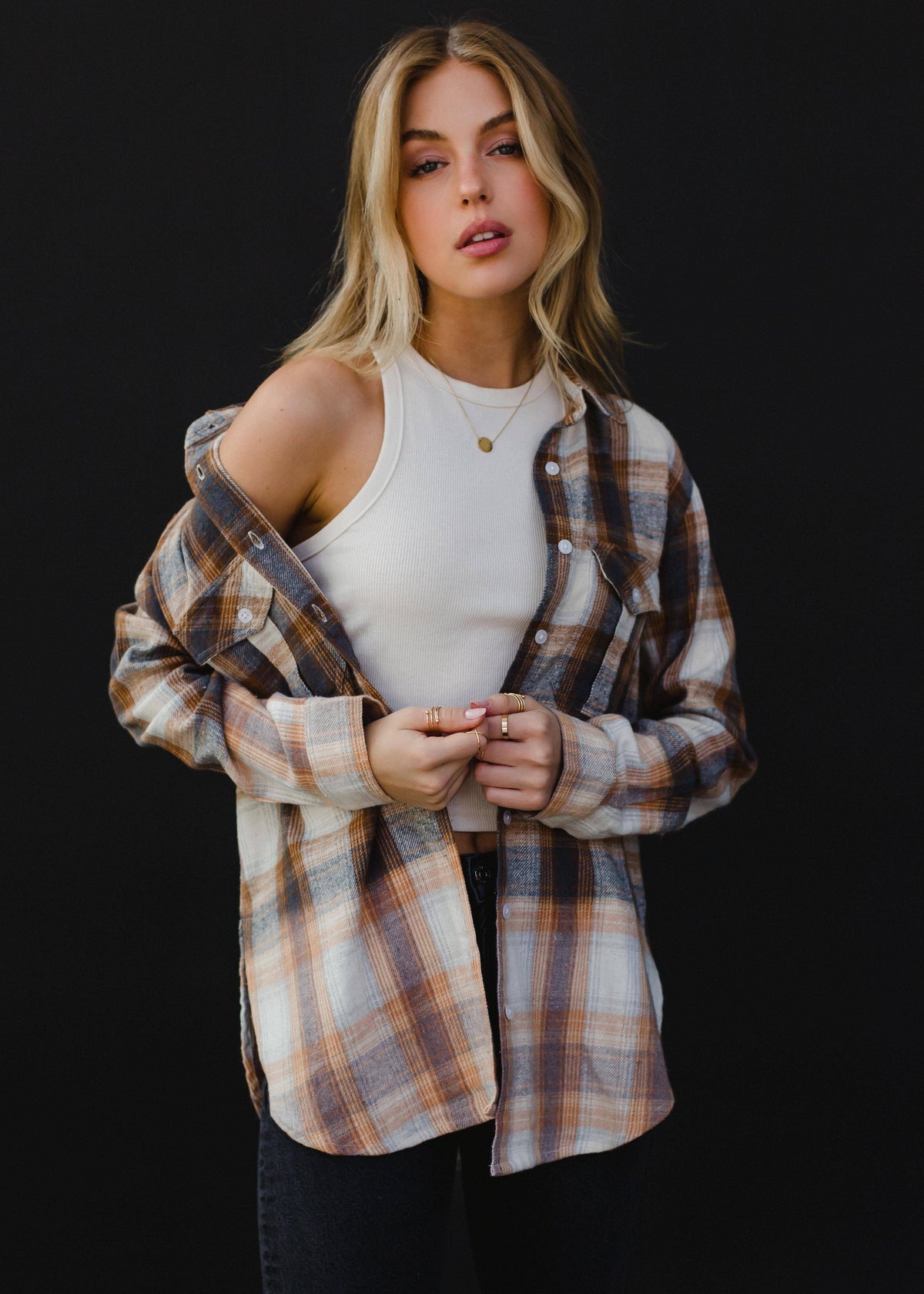 Fall Favorite Cream, Camel & Navy Plaid Flannel