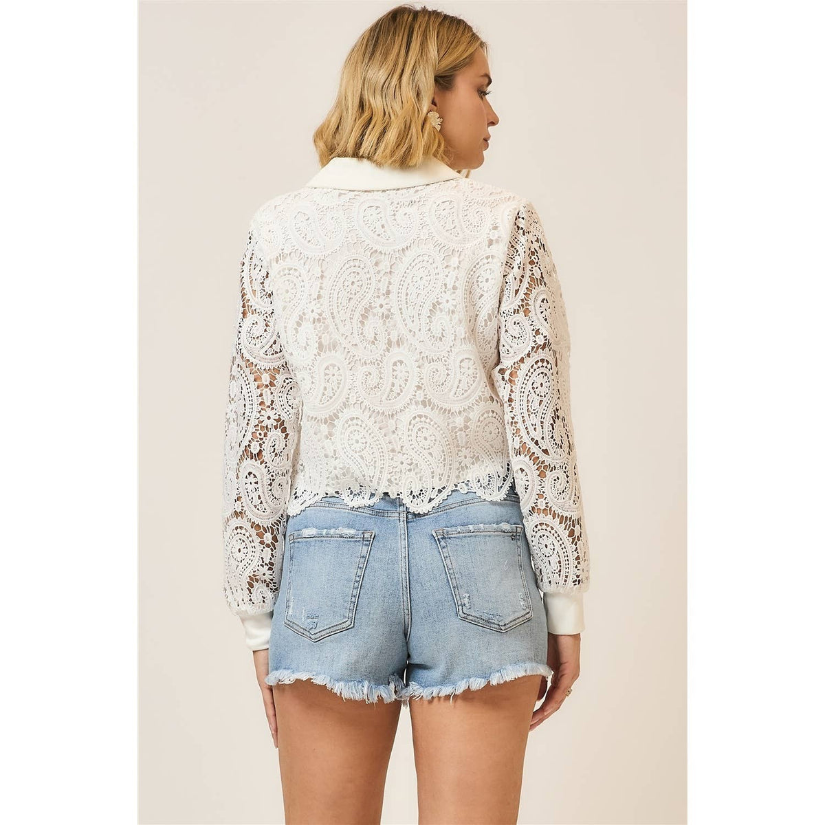 Ivory Paisley Lace Cropped Blouse: Off White