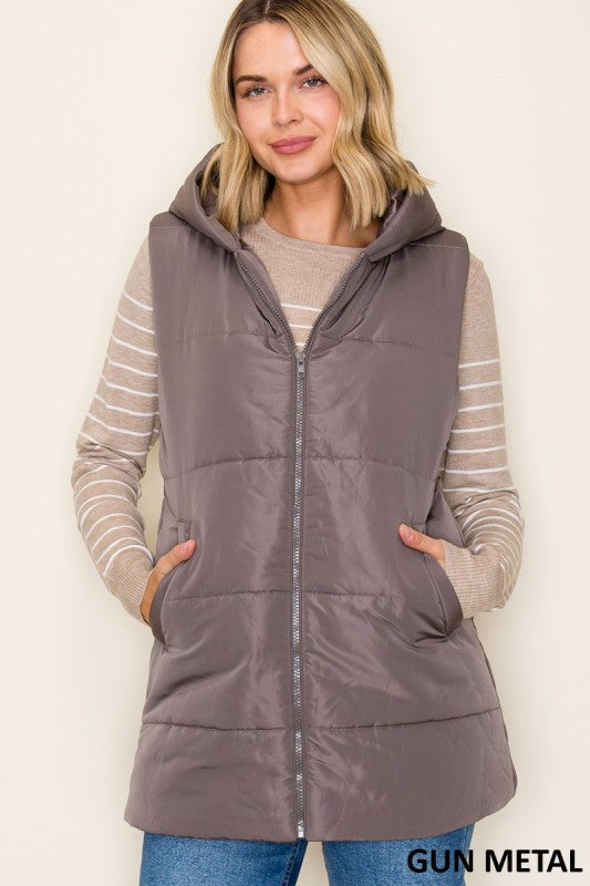 The Briar Hooded Puffer Vest – Gunmetal & Evergreen Mist
