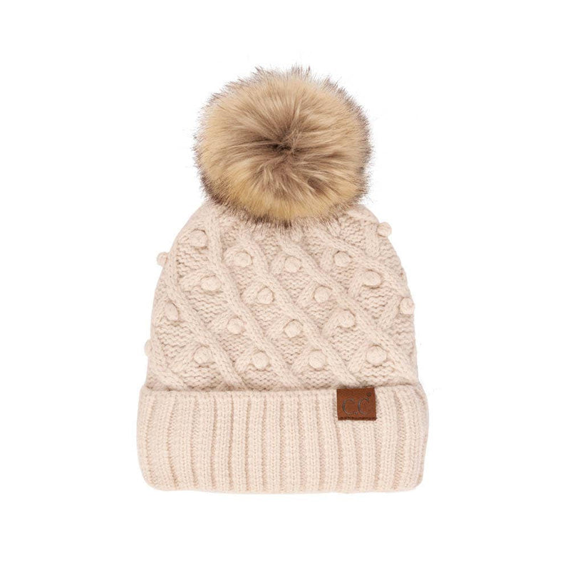 C.C Bobble Knit Beanie with Faux Fur Pom – Cozy Winter Hat for Women, One Size, 100% Acrylic