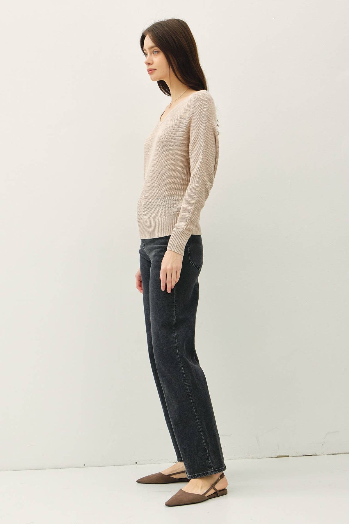Ember V-Back Button Detail Cotton Blend Sweater – Dolman Sleeve Knit Pullover for Women