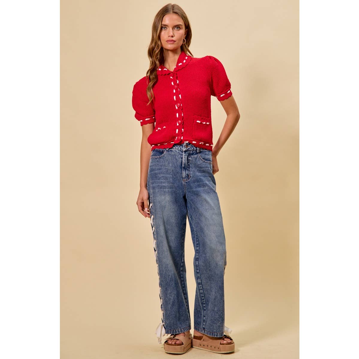 The Lacey Mid Rise Lace-Up Straight Leg Jeans: Medium Wash