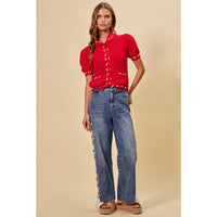 The Lacey Mid Rise Lace-Up Straight Leg Jeans: Medium Wash