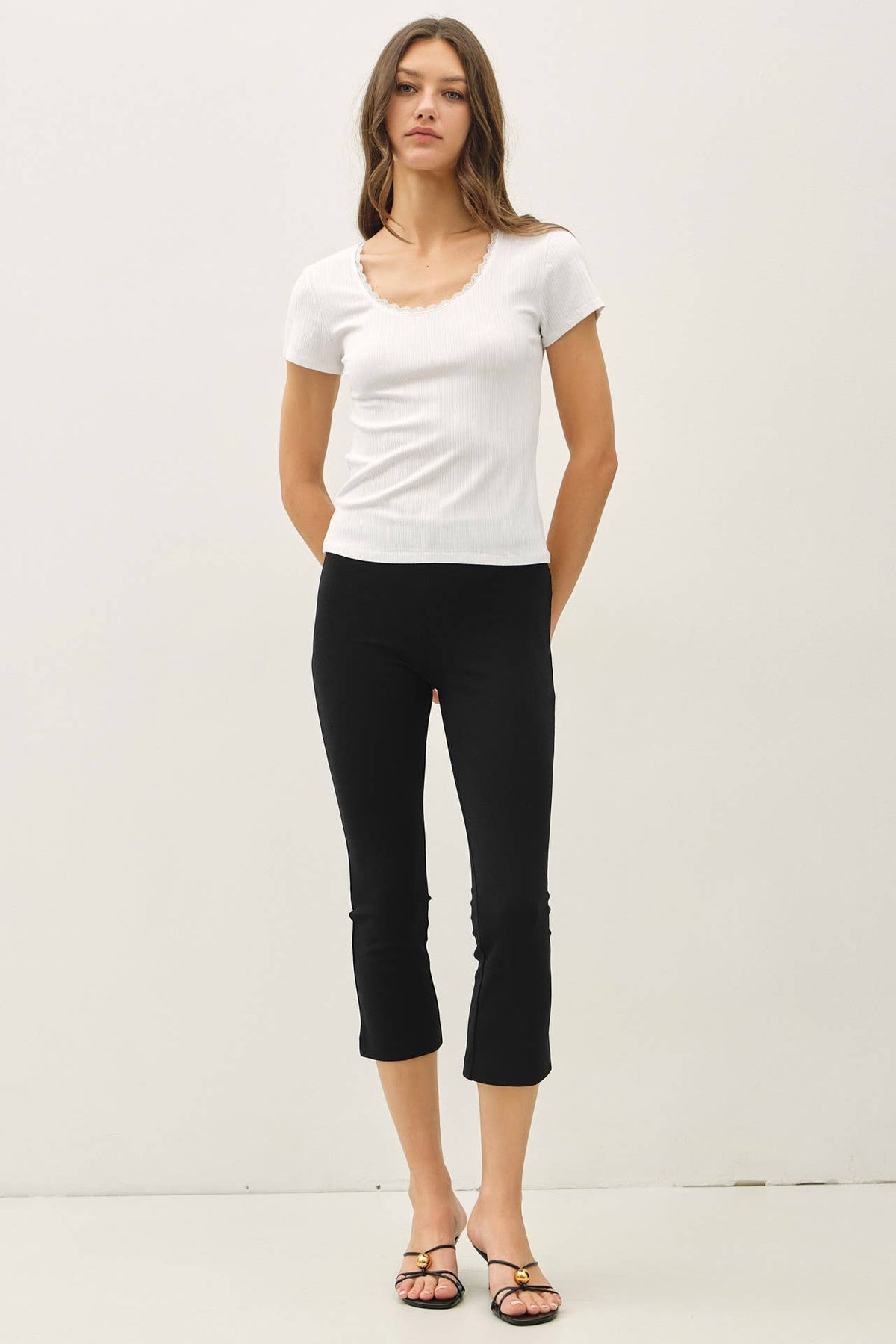 The Elin Lace Trim Ribbed Top – Scoop Neck Slim Fit Stretch Knit Tee