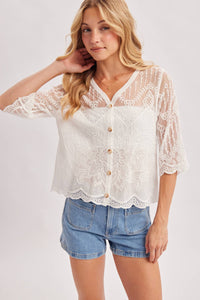 Ivory Embroidered Sheer Lace Button Front Blouse