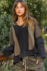 Notched Neck Contrast Fabric Basic Long Sleeve Top SALE: GREY MULTI / L