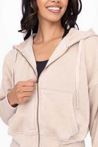 Austyn Vintage Wash Fleece Hoodie Zip Up Jacket- Natural