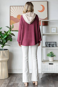 Elena Ribbed Button Front Hoodie – Colorblock Knit Pullover with Bishop Sleeves