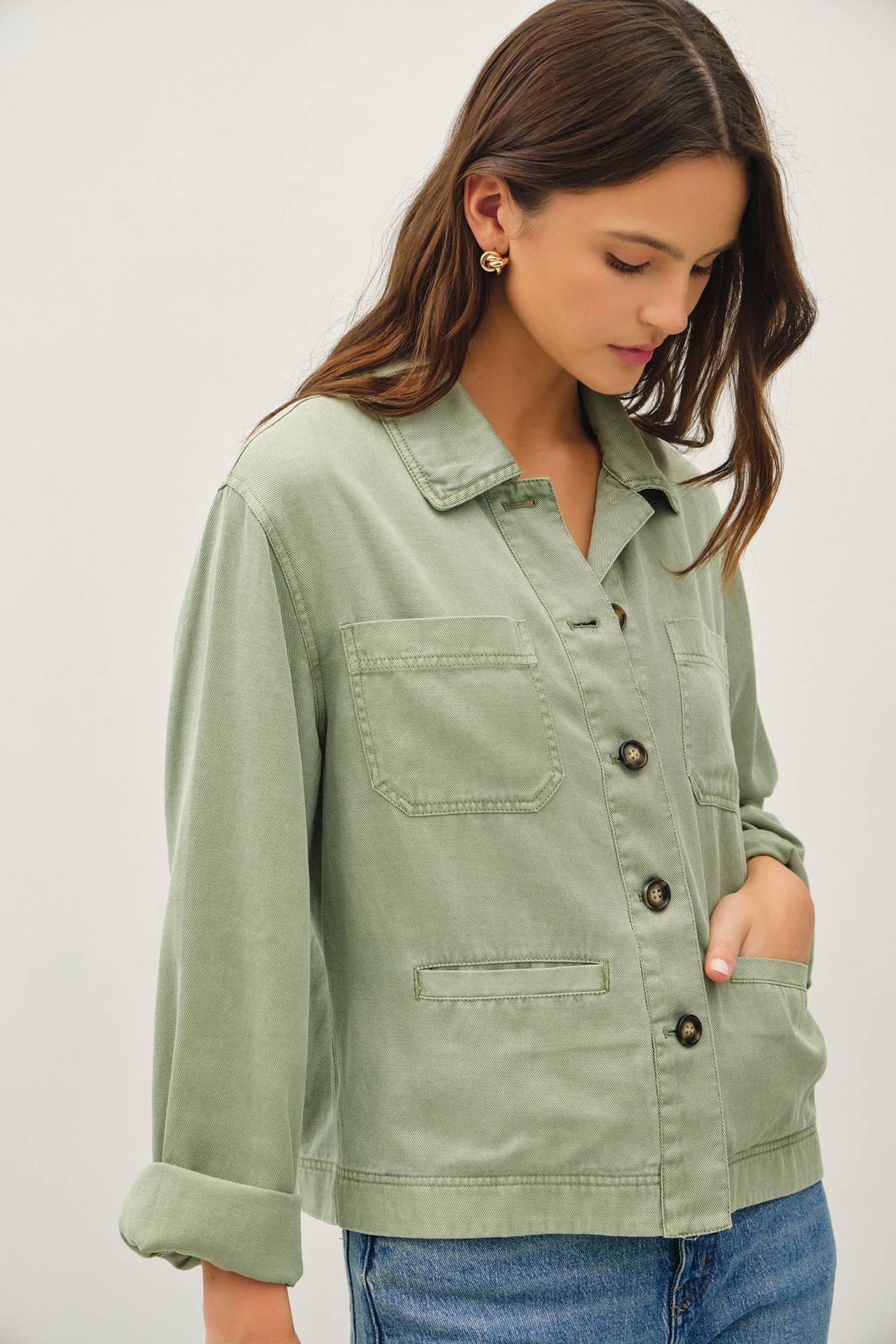 The Rowan Washed Twill Jacket: Sage – Tencel Linen Blend Boxy Utility Jacket