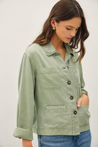 The Rowan Washed Twill Jacket: Sage – Tencel Linen Blend Boxy Utility Jacket