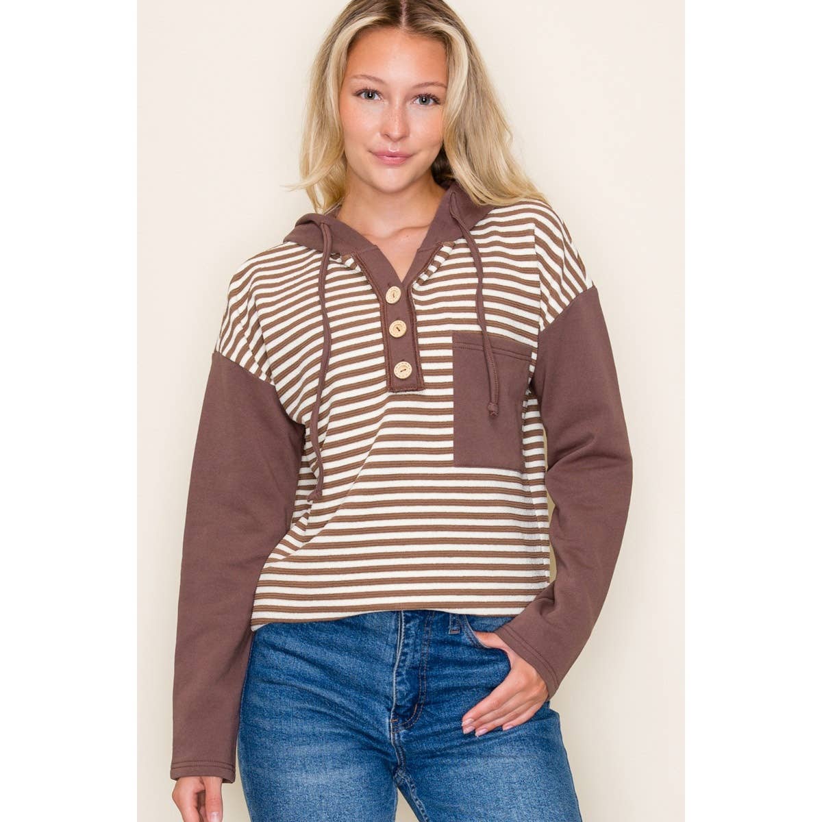 COLOR BLOCK STRIPED HOODIE TOP: OLIVE / S-M-L-XL(2-2-2-1)