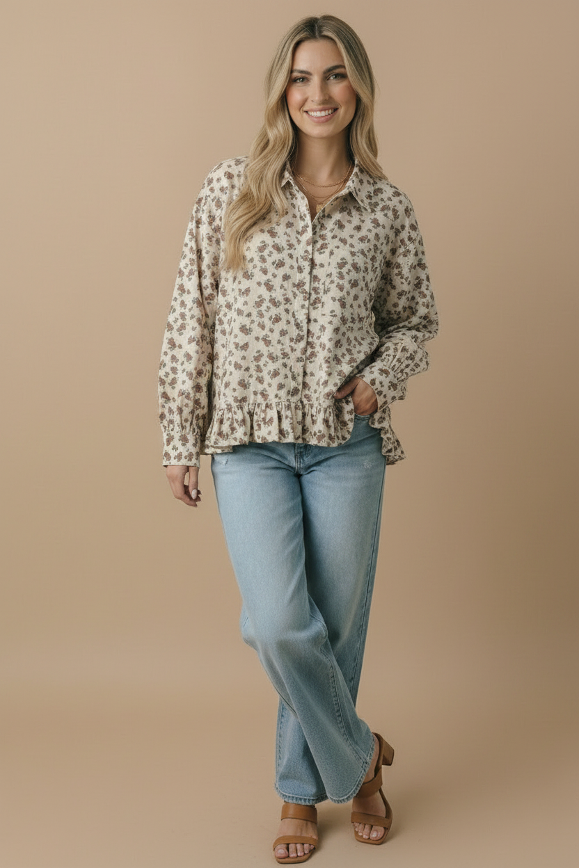 The Wren Floral Peplum Button-Up Blouse: Oatmeal
