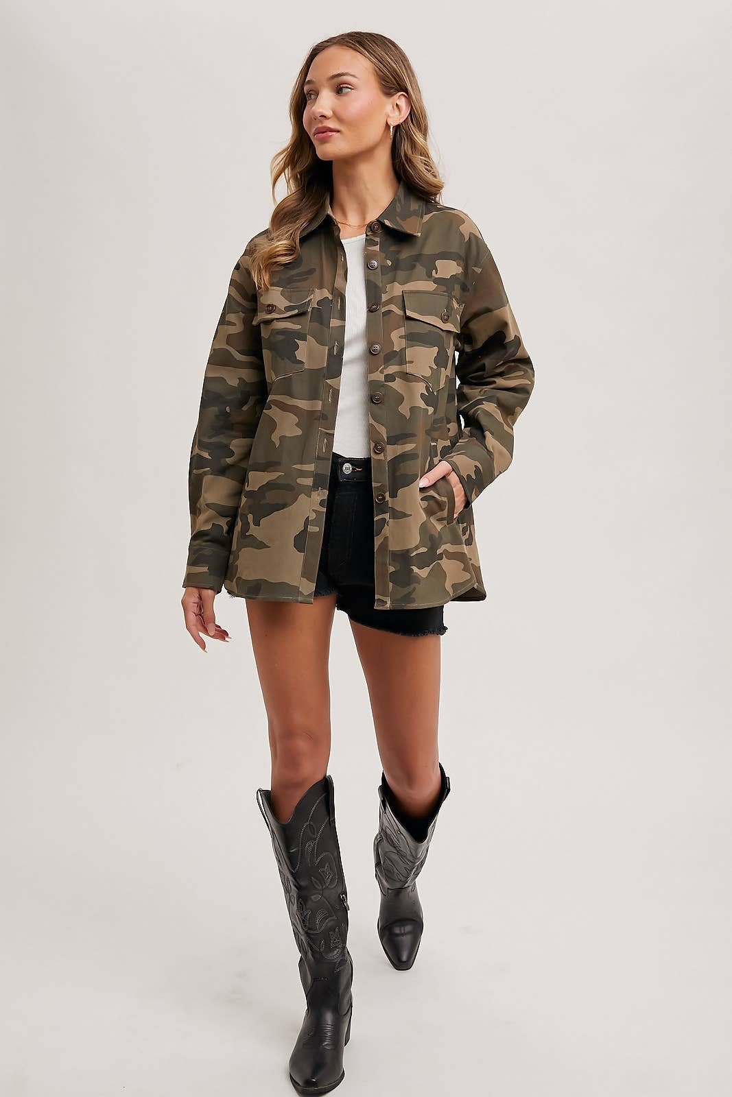 Andie Button Down Camo Shacket: Army