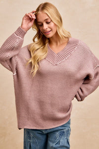 Liora Textured V-Neck Sweater: Frosted Lilac – Relaxed Fit Two-Tone Knit Top