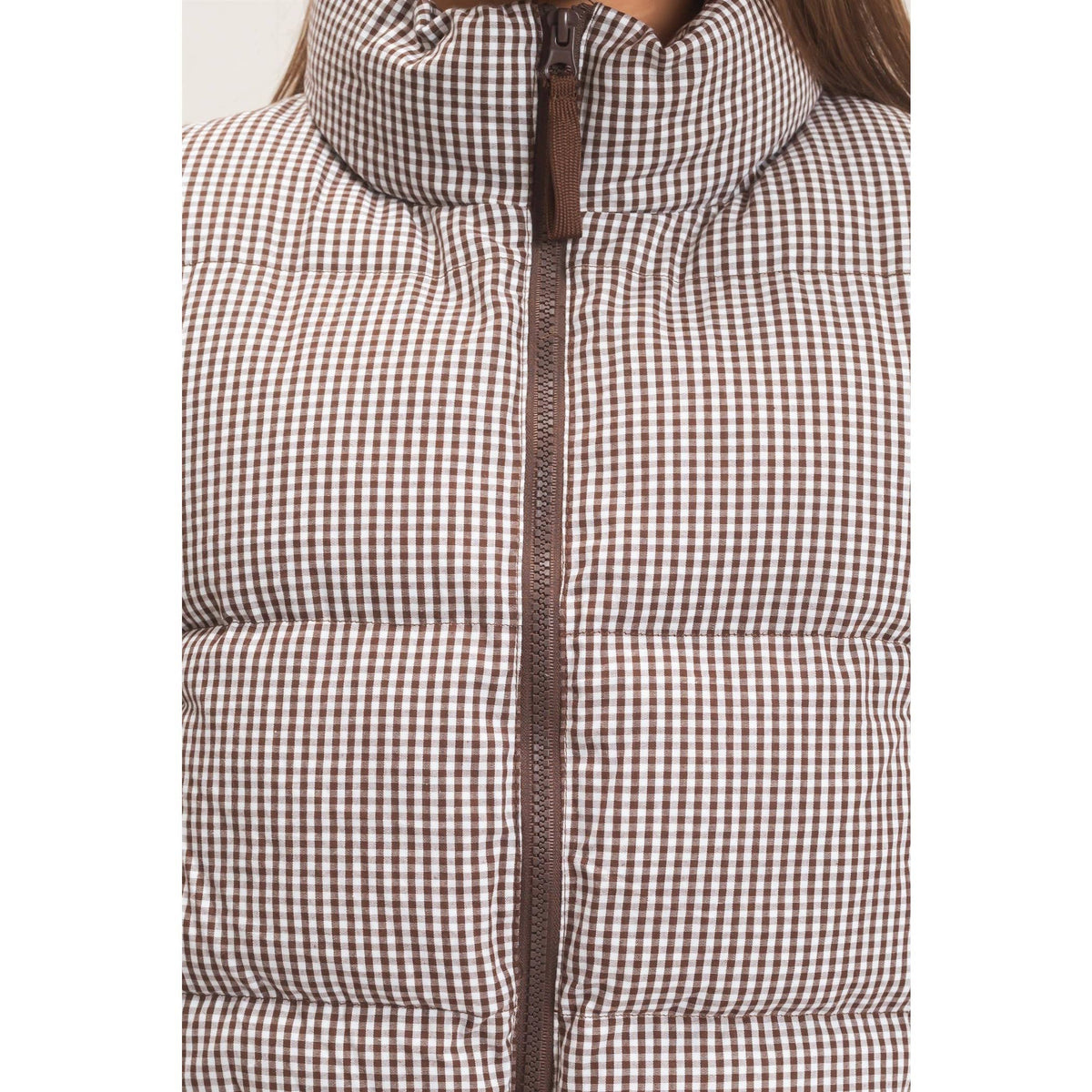 Check Me Out Gingham Puffer Vest: Brown