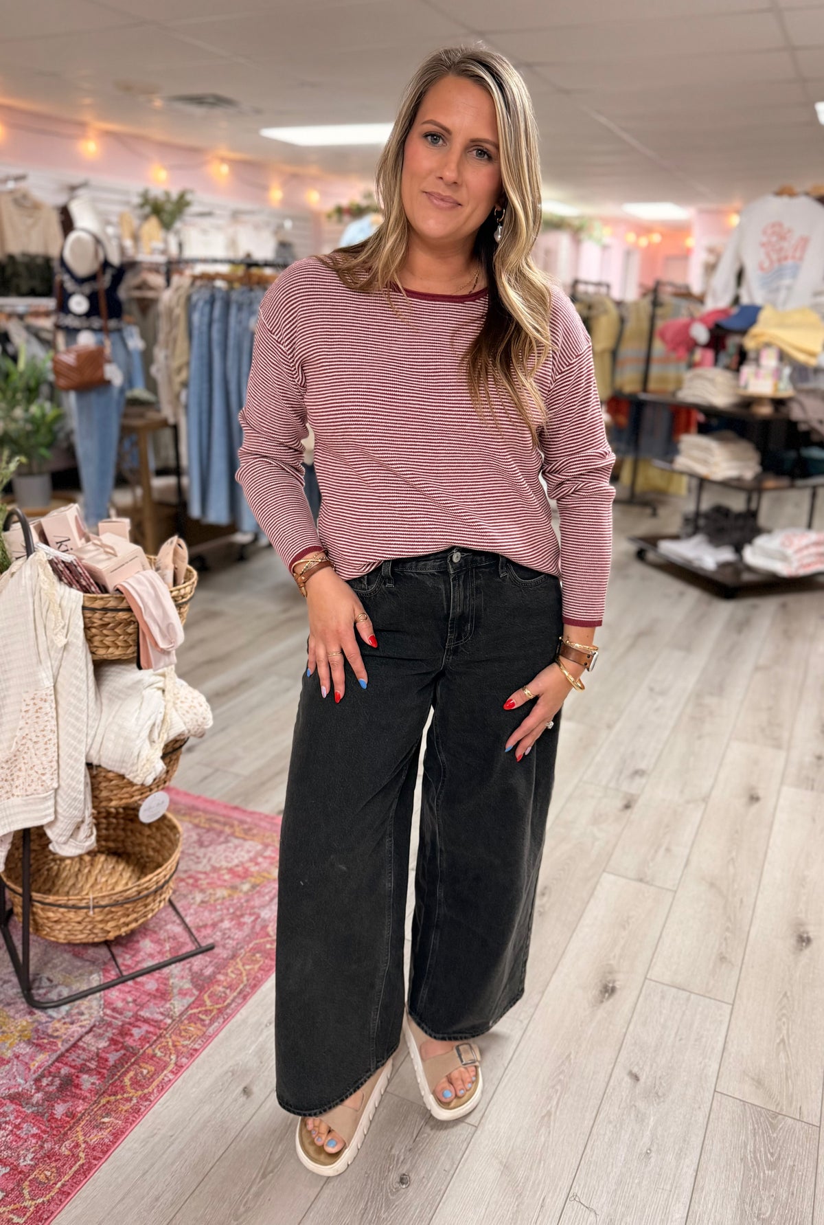Cabernet Mini Waffle Texture Stripe Pullover Sweater: Burgundy