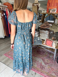 The Meadow Rose Sheer Puff Sleeve Midi Dress – Teal Floral