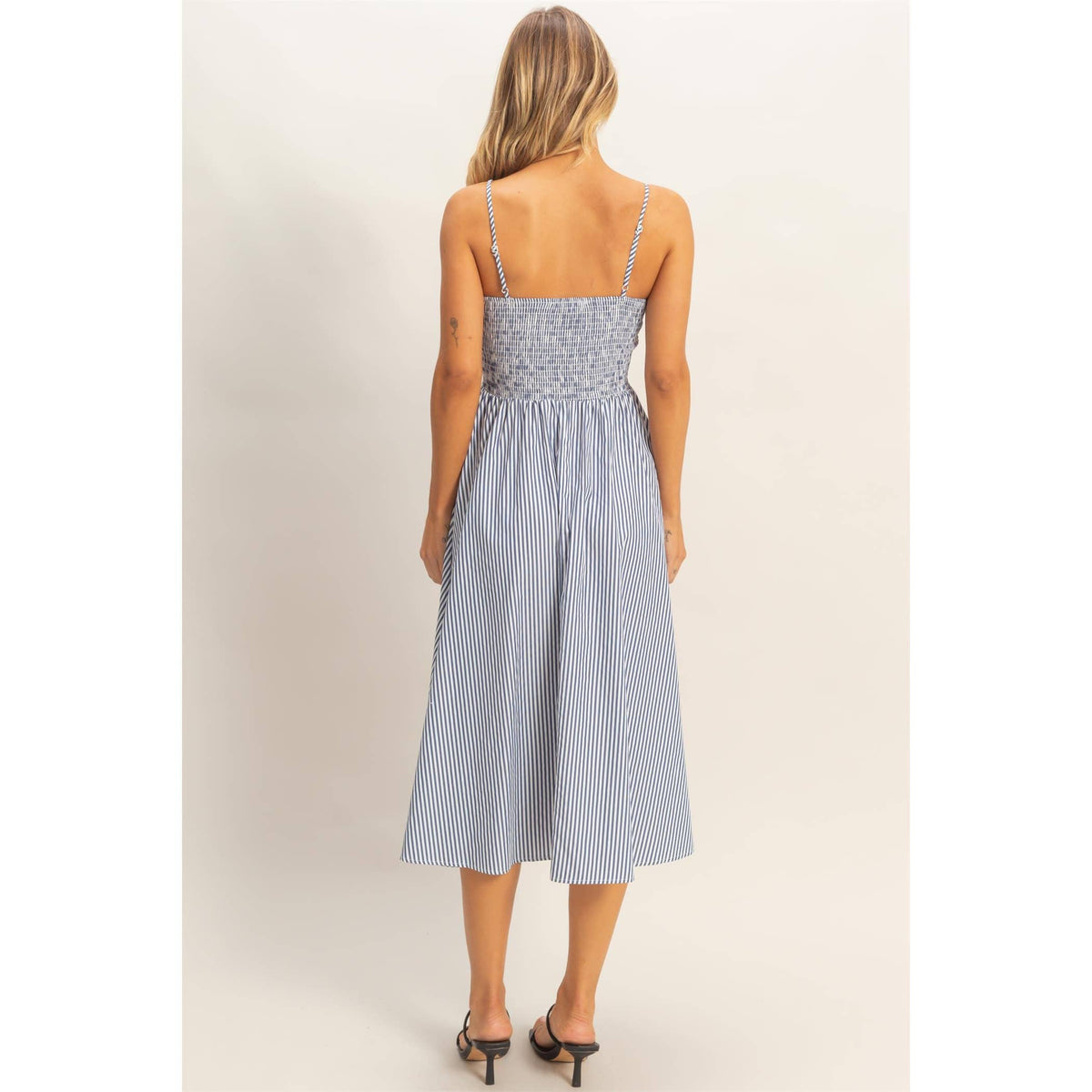 Striped Spaghetti Strap Dress: NAVY / S-M-L(2-2-2)