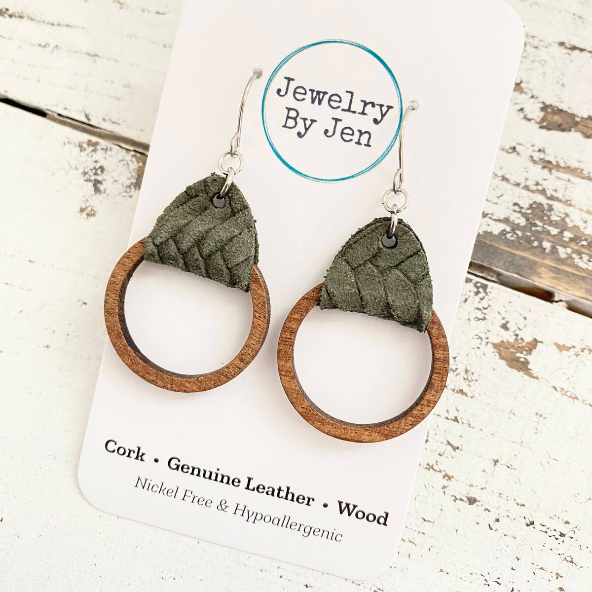 Camden Leather & Wood Hoop Earrings – Genuine Leather, Nickel-Free Hypoallergenic Jewelry