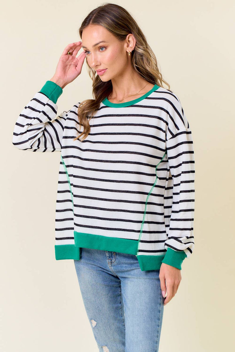 Lydia Stripe Comfy Sweatshirt: White/ Kelly Green