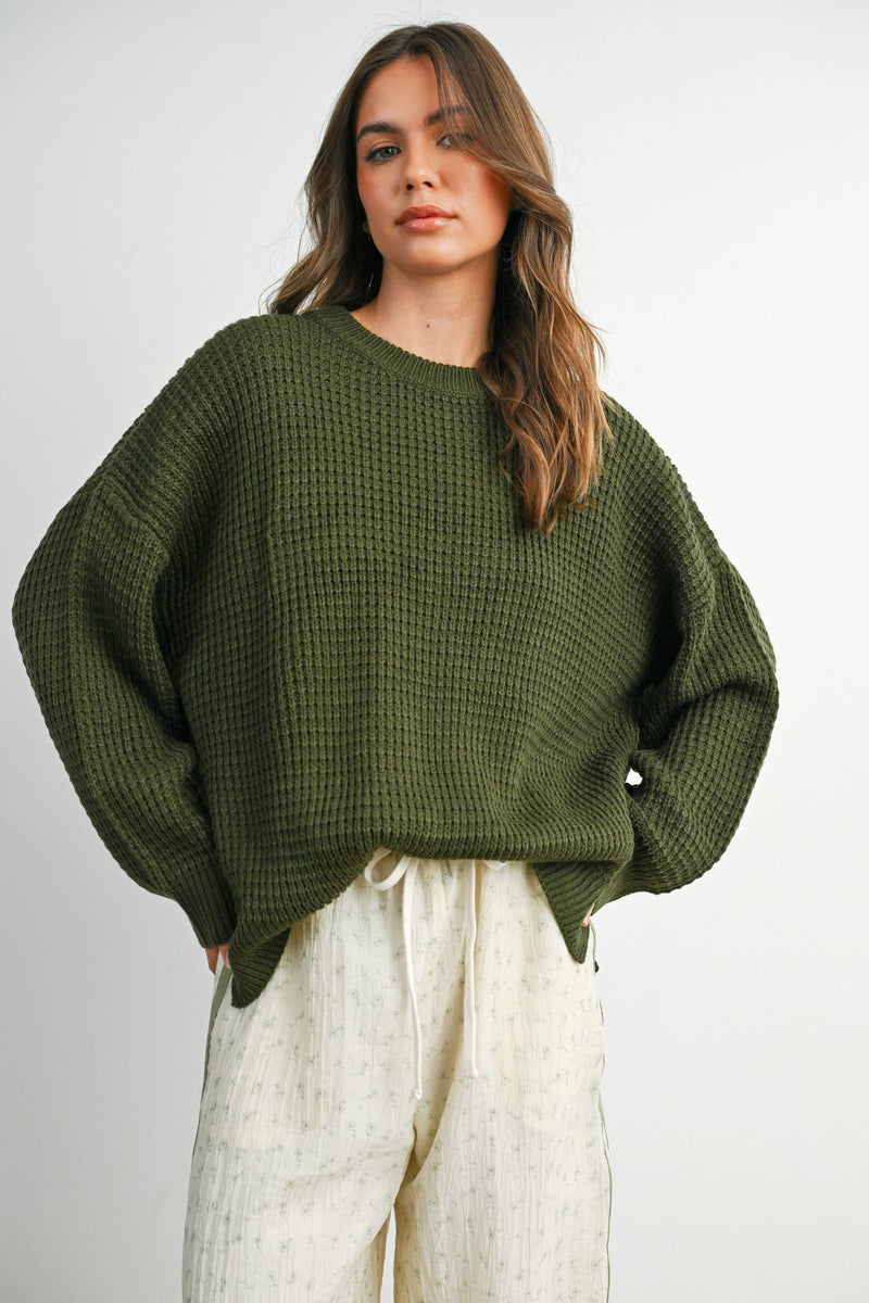 Everyday Essential Waffle Knit Sweater: Olive