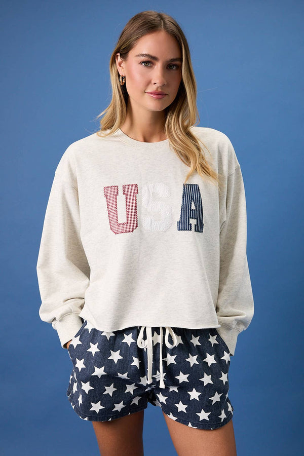 USA Patchwork Sweatshirt : Lt Grey – Patriotic Cropped Pullover Lounge Top