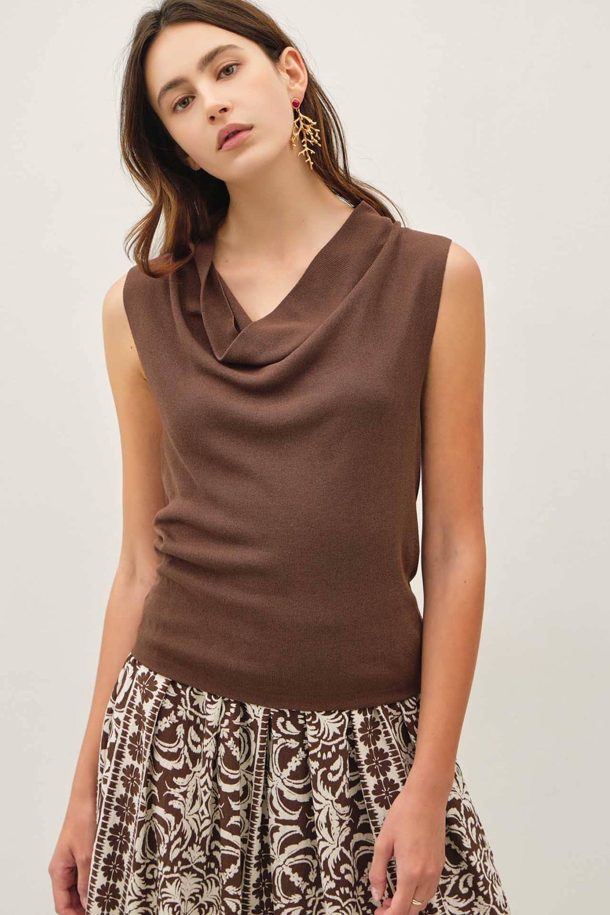 The Colette Cowl Neck Sweater Tank: Coco – Fine Knit Sleeveless Slim Fit Top