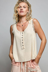 The Marlowe Lace Detail Tank Top: Vanilla – Button Front A-Line Sleeveless Knit Blouse