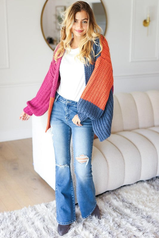 Bella Color Block Chunky Knit Cardigan: Magenta/ Navy/ Rust