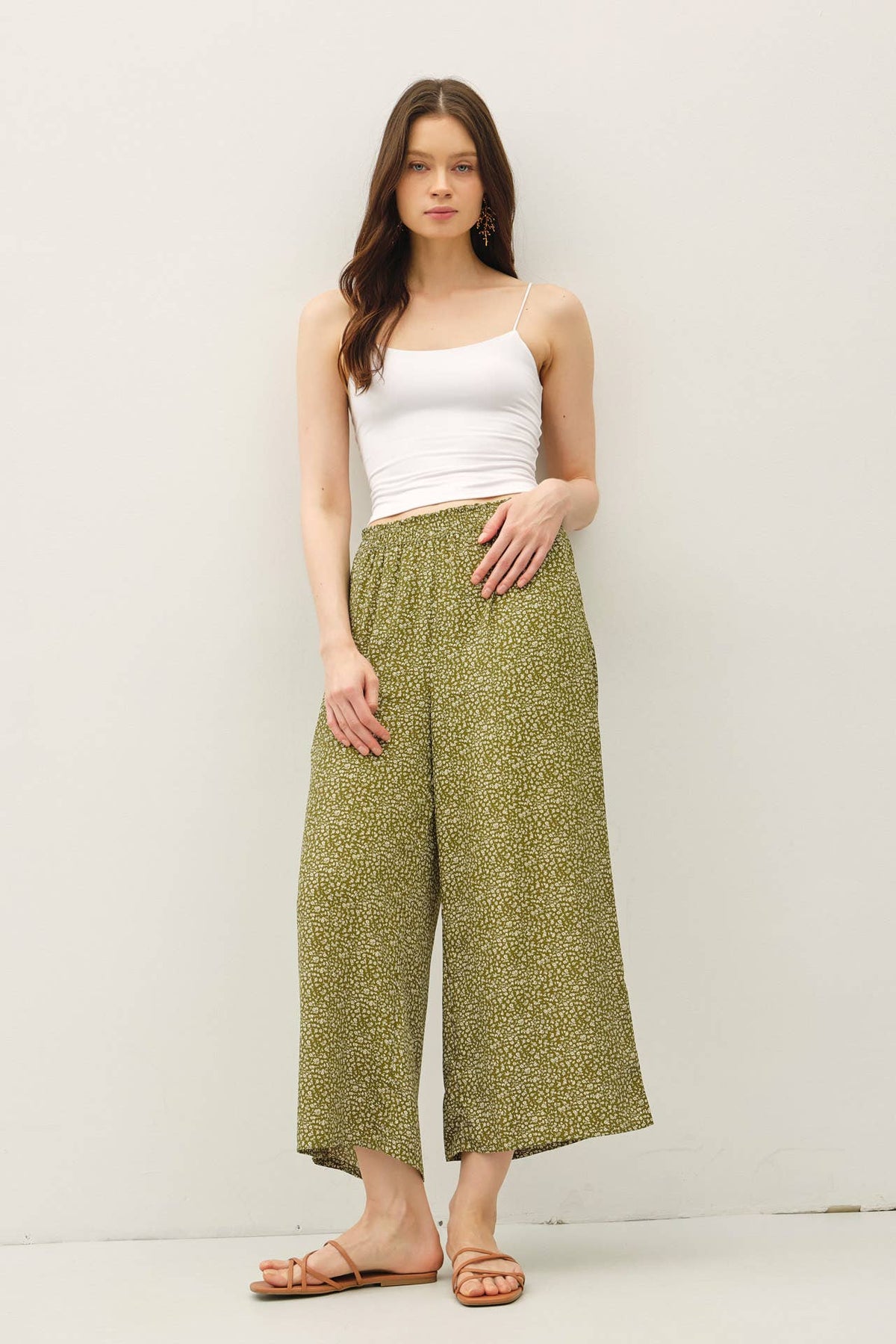 The Elsie Ditsy Print Wide Leg Pants:Avocado – Flowy High Rise Pull On Pants