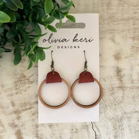 Cherry Wood & Leather Hoop Earrings – Lightweight Statement Earrings with Antique Bronze Hooks