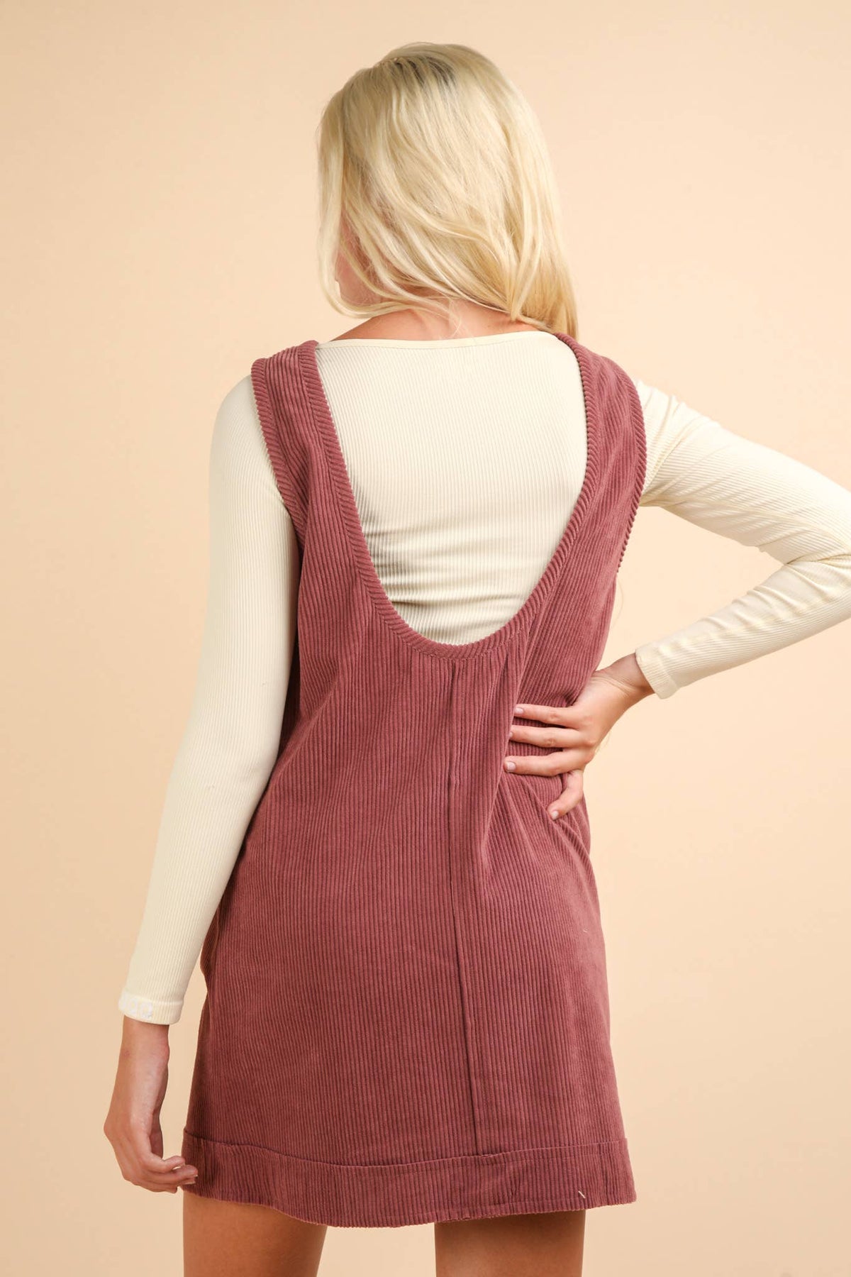 Lydia Corduroy Backless Casual Mini Dress: Mauve