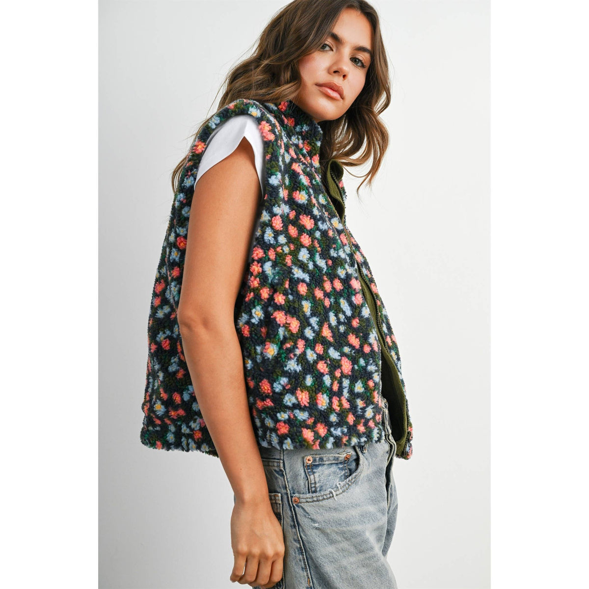 Wildflower Trail Fuzzy Vest: Olive/Multi