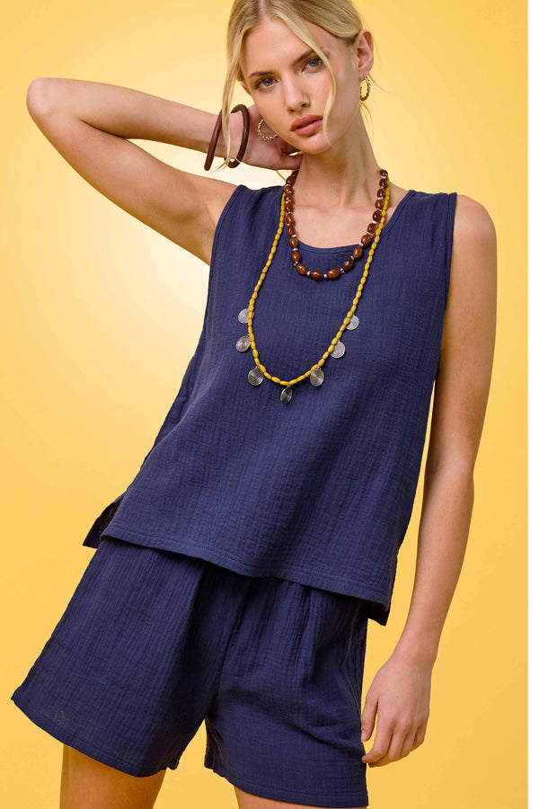 The Haven Gauze Lounge Set: Galaxy Blue – Sleeveless Top & Elastic Waist Pants Matching Set