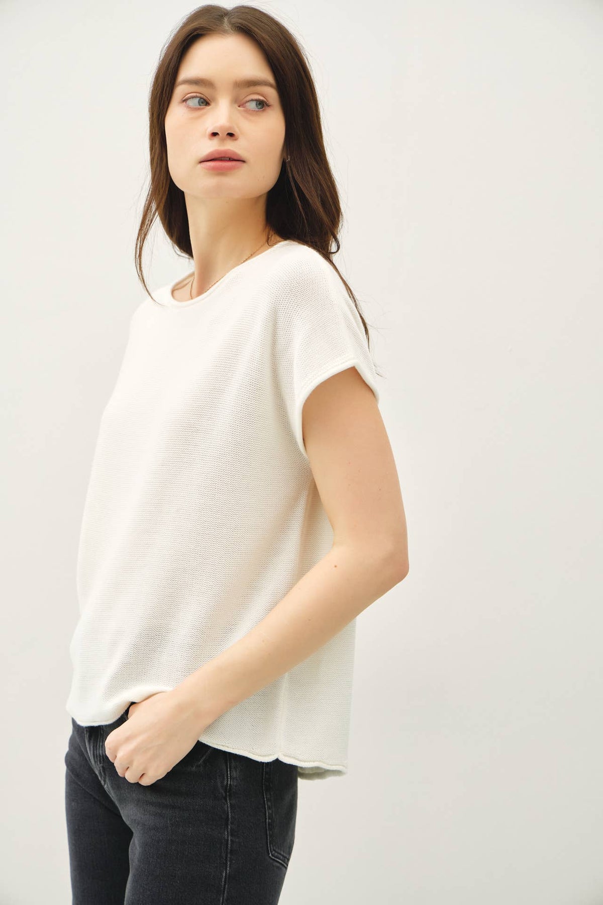 Ayla Comfort Fit Short Sleeve Summer Sweater Top: Off White