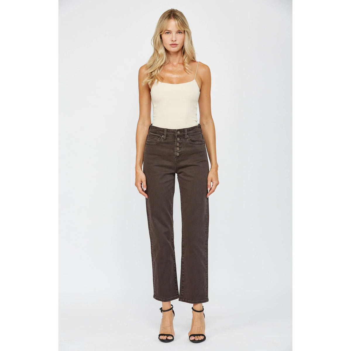 Harper High Rise Button Fly Straight Jeans – Dark Brown – Mica Denim
