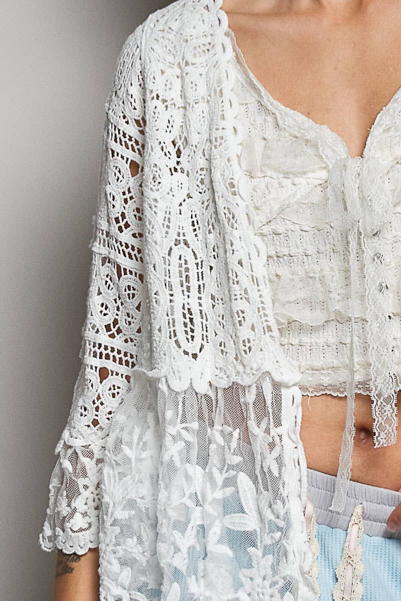 V-neck Short Sleeve Crochet Floral Lace Cardigan: NATURAL / OS
